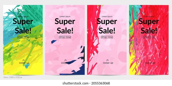 Abstract vector social media post background with colorful feather layered shapes. Bright multicolored dimensional artistic promotion template. Brush stroke watercolor digital paint design elements.
