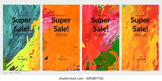 Abstract vector social media post background with colorful feather layered shapes. Bright multicolored dimensional artistic promotion template. Brush stroke watercolor digital paint design elements.