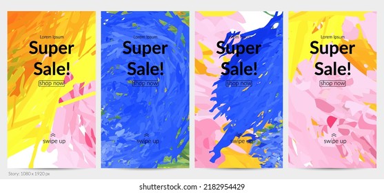 Abstract vector social media post background with colorful feather layered shapes. Bright multicolored dimensional artistic promotion template. Brush stroke watercolor digital paint design elements.