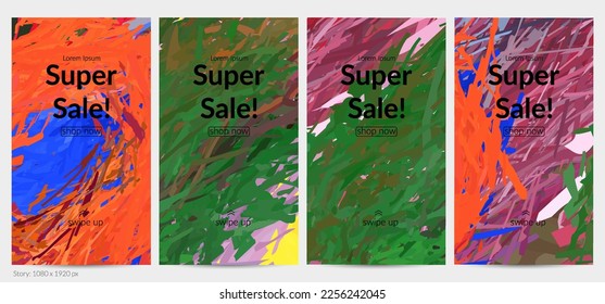 Abstract vector social media post background with colorful feather layered shapes. Bright multicolored dimensional artistic promotion template. Brush stroke watercolor digital paint design elements.