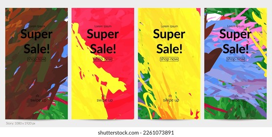 Abstract vector social media post background with colorful feather layered shapes. Bright multicolored dimensional artistic promotion template. Brush stroke watercolor digital paint design elements.
