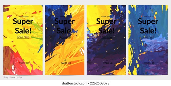 Abstract vector social media post background with colorful feather layered shapes. Bright multicolored dimensional artistic promotion template. Brush stroke watercolor digital paint design elements.