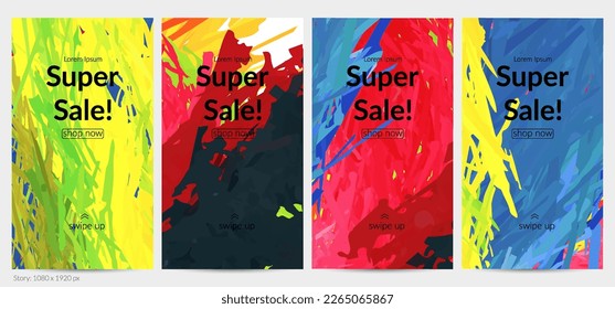 Abstract vector social media post background with colorful feather layered shapes. Bright multicolored dimensional artistic promotion template. Brush stroke watercolor digital paint design elements.