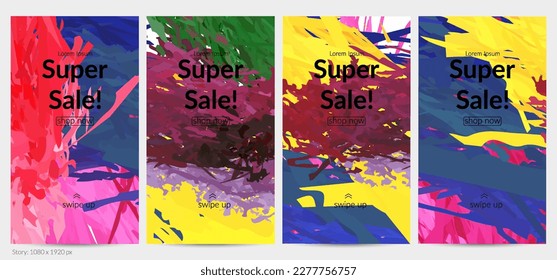 Abstract vector social media post background with colorful feather layered shapes. Bright multicolored dimensional artistic promotion template. Brush stroke watercolor digital paint design elements.