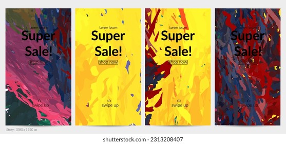 Abstract vector social media post background with colorful feather layered shapes. Bright multicolored dimensional artistic promotion template. Brush stroke watercolor digital paint design elements.