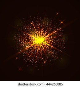 Abstract vector space background. Explosion of glowing particles and light rays. Futuristic technology style. Elegant background for business presentations or gift cards. Vector illustration.