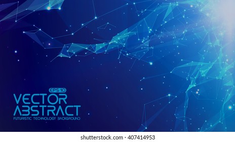 Abstract Vector Space Blue Background. Chaotically Connected Points And Polygons Flying In Space. Flying Debris. Futuristic Technology Style. Elegant Background For Business Presentations. 