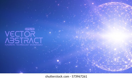 Abstract vector space blue background. Chaotically connected points and polygons flying in space. Flying debris. Futuristic technology style. Elegant background for business presentations. 