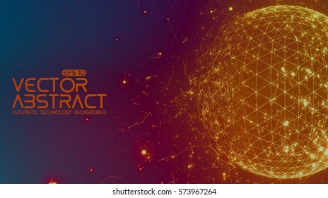 Abstract vector space colorful background. Chaotically connected points and polygons flying in space. Flying debris. Futuristic technology style. Elegant background for business presentations. 