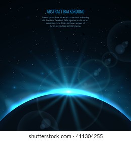 Abstract vector space fantastic background with planet and rising star. Planet and star sun, earth in galaxy sun rising, ray rising sun illustration