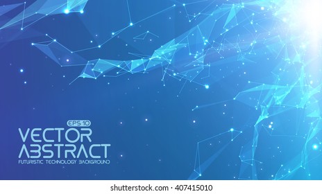 Abstract vector space light blue background. Chaotically connected points and polygons flying in space. Flying debris. Futuristic technology style. Elegant background for business presentations. 