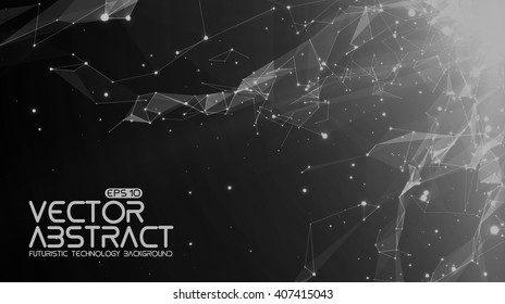 Abstract vector space monochrome background. Chaotically connected points and polygons flying in space. Flying debris. Futuristic technology style. Elegant background for business presentations. 