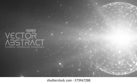 Abstract vector space monochrome background. Chaotically connected points and polygons flying in space. Flying debris. Futuristic technology style. Elegant background for business presentations. 