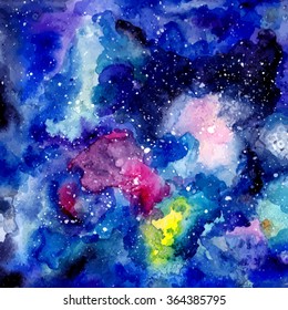 Abstract vector space watercolor texture. Cosmic background. Universe, stars in sky.