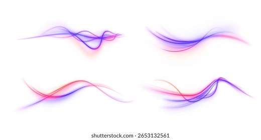 Abstract vector with sparkling neon glow and liquid wind blowing through curved lines and bright power flash speeds up night motorway with flowing spray and blur effect creating dynamic energy