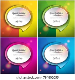 Abstract vector speech bubbles set of 4. Round paper speech bubbles on the colorful, circular background. Each item contains space for own text. Vector illustration. Eps10.