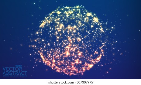 Abstract vector sphere explosion. Explosion of sphere with glowing particles. Futuristic technology style. Elegant background for business presentations.