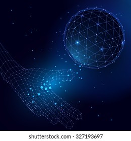 Abstrakte Vektorsphäre. Futuristische Technologie WLAN-Mesh Polygonelement. Verbindungsstruktur. Geometrisches modernes Technologiekonzept. Visualisierung digitaler Daten. Grafikkonzept des sozialen Netzwerks