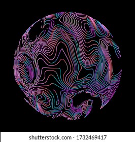 Esfera vector abstracta en colores holográficos vibrantes y neones. Cableado de fluido de tecnología futurista. Visualización de datos digitales, redes sociales o concepto de ciencia y biología.