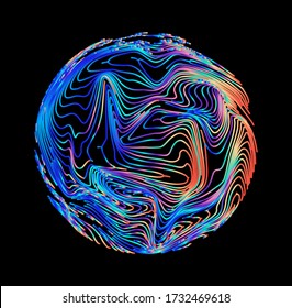 Esfera vector abstracta en colores holográficos vibrantes y neones. Cableado de fluido de tecnología futurista. Visualización de datos digitales, redes sociales o concepto de ciencia y biología.