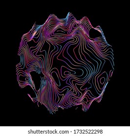 Abstract vector sphere in vibrant holographic and neon colors. Futuristic technology fluid wireframe. Visualization of Digital Data, Social Network or Science and Biology concept.