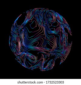 Abstract vector sphere in vibrant holographic and neon colors. Futuristic technology fluid wireframe. Visualization of Digital Data, Social Network or Science and Biology concept.