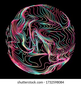 Abstract vector sphere in vibrant holographic and neon colors. Futuristic technology fluid wireframe. Visualization of Digital Data, Social Network or Science and Biology concept.