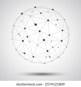 Abstract vector sphere and wireframe polygonal lines connect dot isolated on white background. Connection structure and geometric technology concept. Vector illustration.