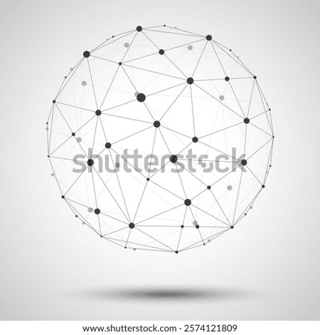 Abstract vector sphere and wireframe polygonal lines connect dot isolated on white background. Connection structure and geometric technology concept. Vector illustration.