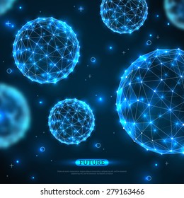 Abstract vector spheres. Futuristic technology wireframe polygonal elements. Connection Structure. Digital Data Visualization. Shining scientific background.