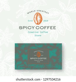 Abstract Vector Spicy Coffee Logo and Business Card Template. Hand Drawn Coffee Bean Sketch. Premium Stationary Realistic Mock Up with Spices Pattern. Modern Typography and Soft Shadows. Isolated.