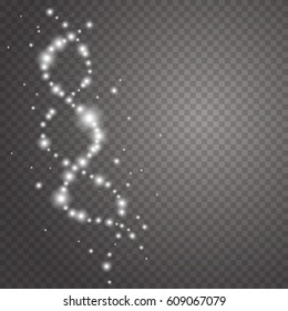 Abstract vector spiral gene light effect. White shine structure molecular DNA with glowing sparkles and glitter isolated on transparent background