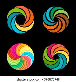 Abstract vector spiral tornado set of logos. Designed collection of photo signs. Colorful graphic flowers. Summer sun images. Sliced fruit. Warm colors.