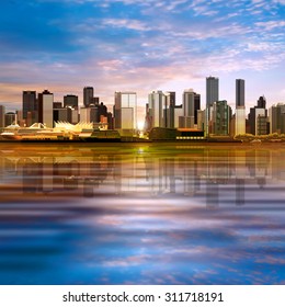 abstract vector spring morning background with panorama of city