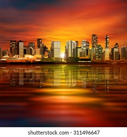 abstract vector spring red evening illustration with panorama of city