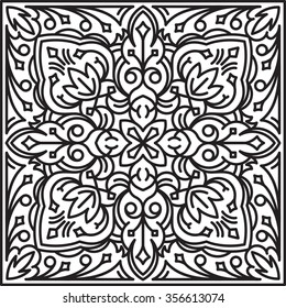 Abstract vector square lace design in mono line style - mandala, ethnic decorative element. Can be used as anti stress therapy.