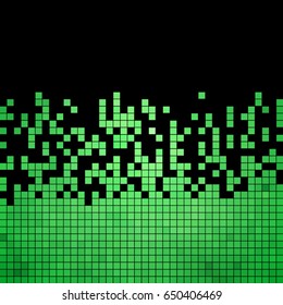 abstract vector square pixel mosaic background - green on black background