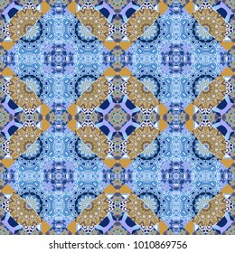 Abstract vector square seamless pattern in gray, blue and yellow colors.