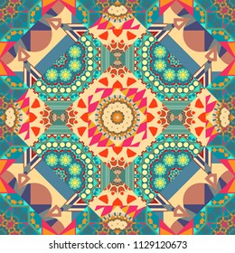 Abstract vector square seamless pattern in blue, beige and pink colors.