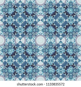 Abstract vector square seamless pattern in gray, violet and blue colors.
