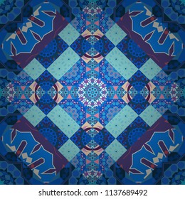 Abstract vector square seamless pattern in violet, pink and blue colors.