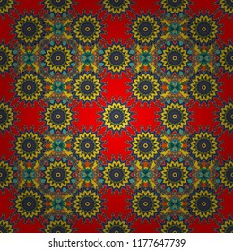 Abstract vector square seamless pattern in blue, red and yellow colors.