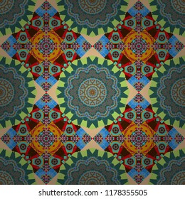 Abstract vector square seamless pattern in blue, green and brown colors.