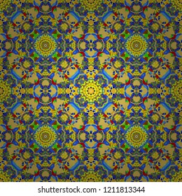 Abstract vector square seamless pattern in green, orange and blue colors.