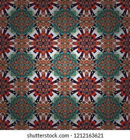 Abstract vector square seamless pattern in green, orange and blue colors.