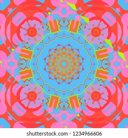 Abstract vector square seamless pattern in blue, pink and red colors.