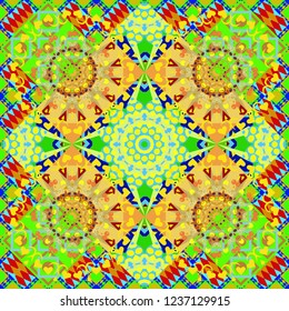 Abstract vector square seamless pattern in yellow, green and blue colors.