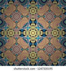 Abstract vector square seamless pattern in beige, yellow and blue colors.