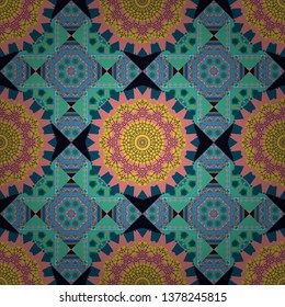 Abstract vector square seamless pattern in blue, pink and green colors.
