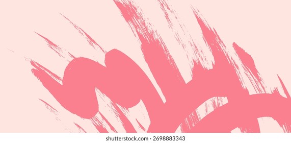 Abstract vector squiggle curve pastel coral pink brush strokes on peach background. Grunge artistic red wavy and sumi-e scribble paintbrush splash spray texture for trendy banner, poster design